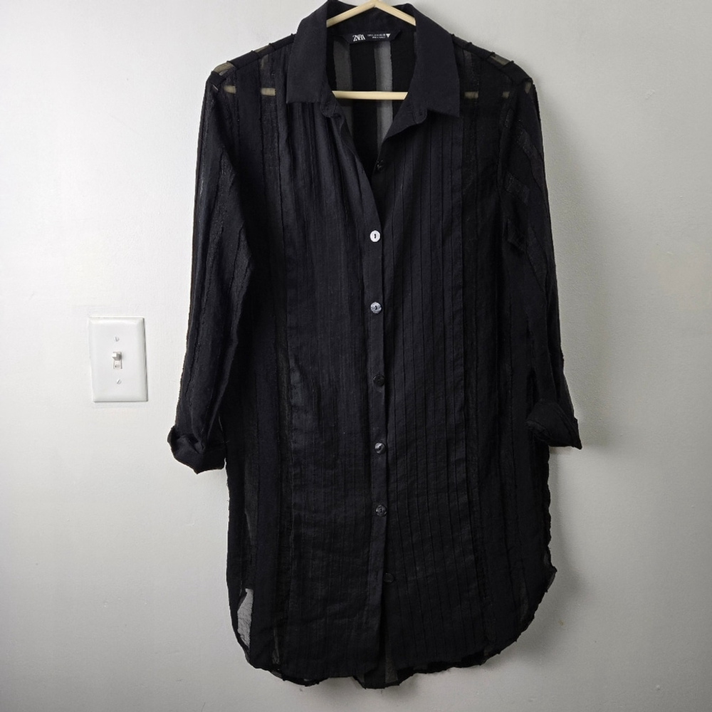 Zara Tulle Black Sheer Stripe Mesh Tunic Button-Up Overtop Shirt